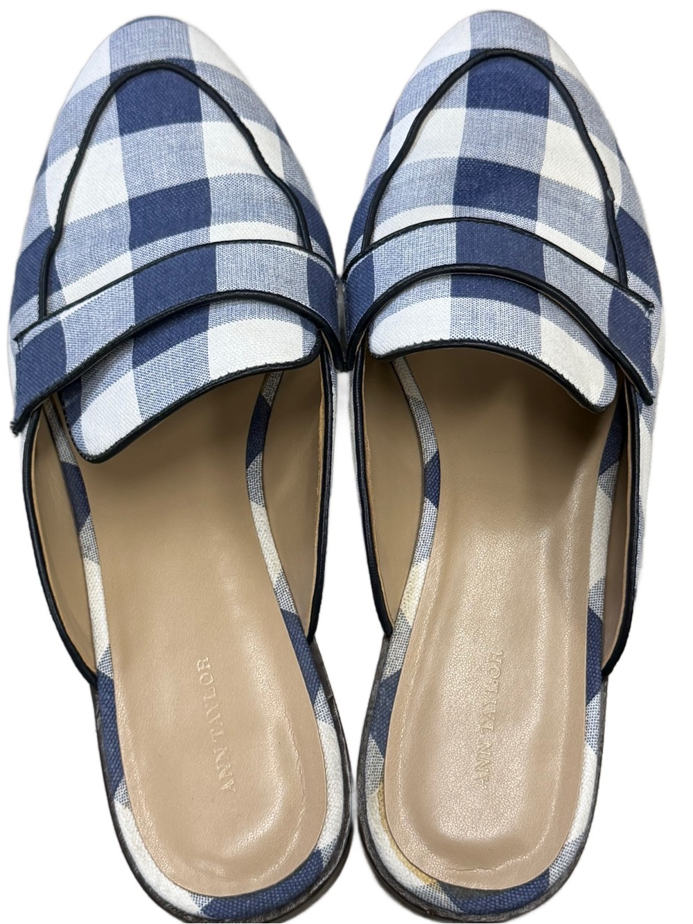 Ann Taylor Navy Blue Gingham Plaid Pointed Toe Mules Size 9.5M EUC